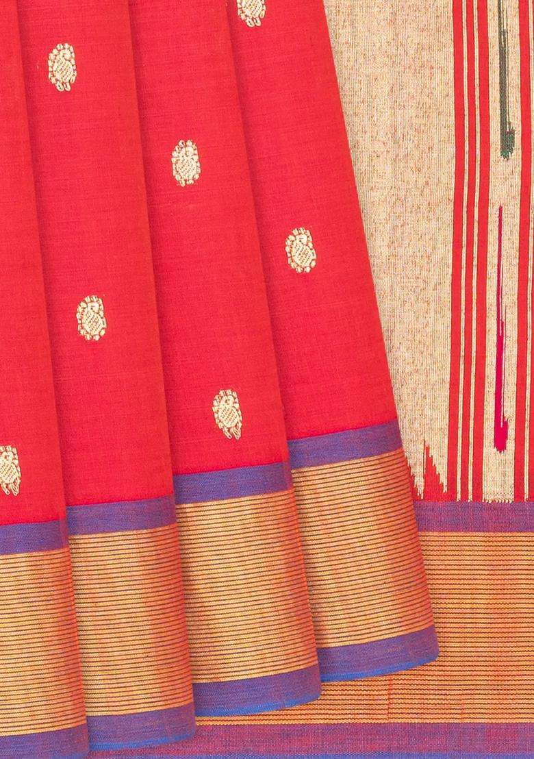 Red Handloom Paithani Cotton Saree With Mango Buttas Red With Buttas And Brocade Design For Women - Indya