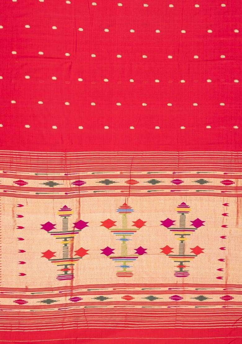 Red Handloom Paithani Cotton Saree With Mango Buttas Red With Buttas And Brocade Design For Women - Indya