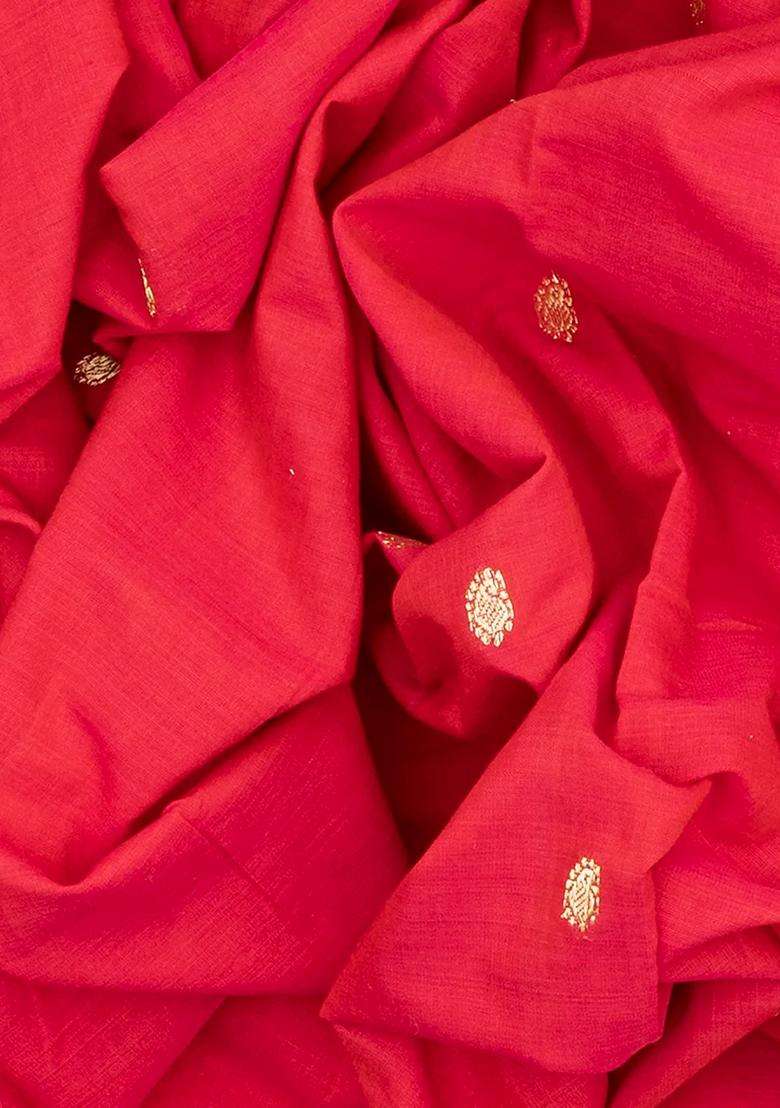 Red Handloom Paithani Cotton Saree With Mango Buttas Red With Buttas And Brocade Design For Women - Indya