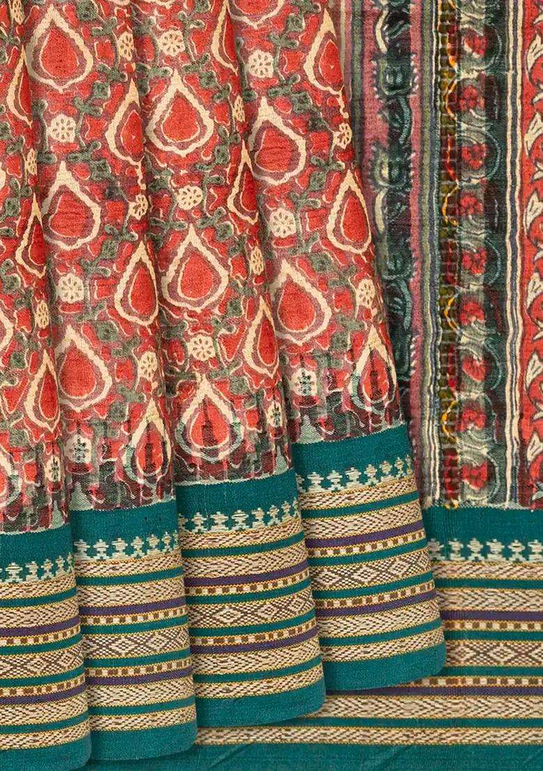 Red Handloom Tussar Silk Saree With Printed Floral Motifs Red For Women - Indya