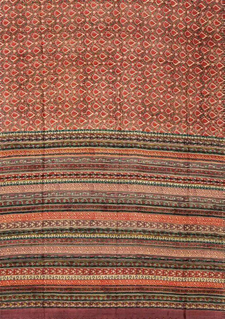 Red Handloom Tussar Silk Saree With Printed Floral Motifs Red For Women - Indya