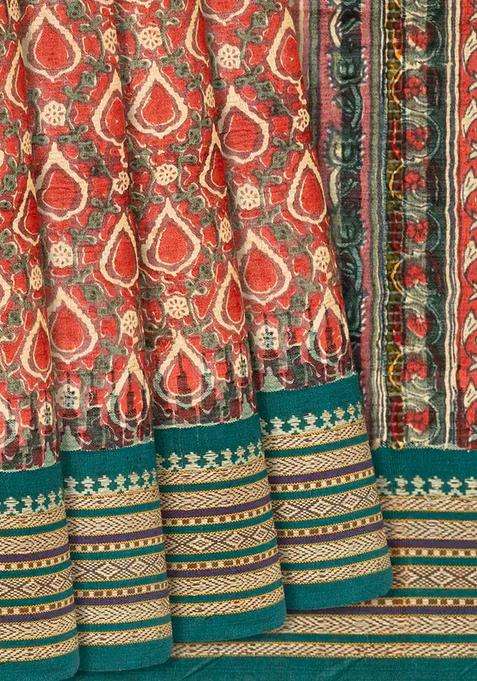 Red Handloom Tussar Silk Saree With Printed Floral Motifs Red For Women