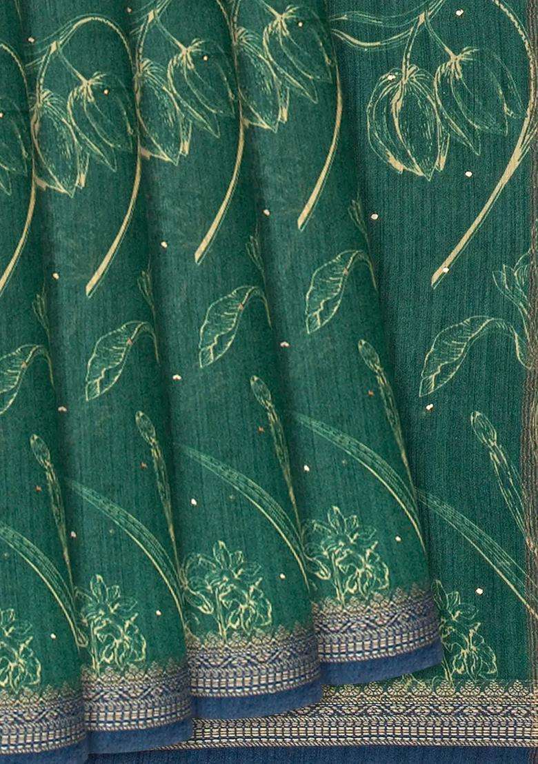 Sea Green Handloom Tussar Silk Saree With Printed Floral Motifs Sea Green For Women - Indya