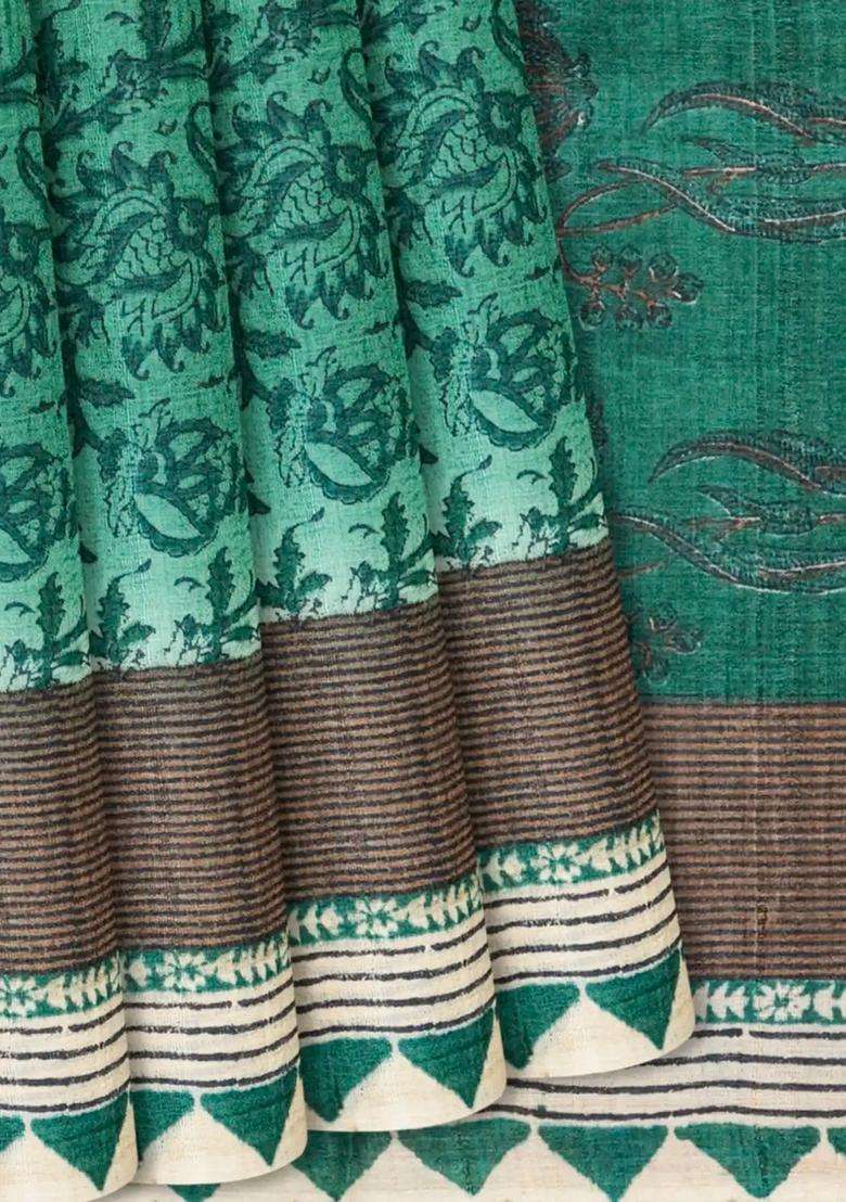 Sea Green Handloom Tussar Silk Saree With Printed Floral Motifs Sea Green For Women - Indya