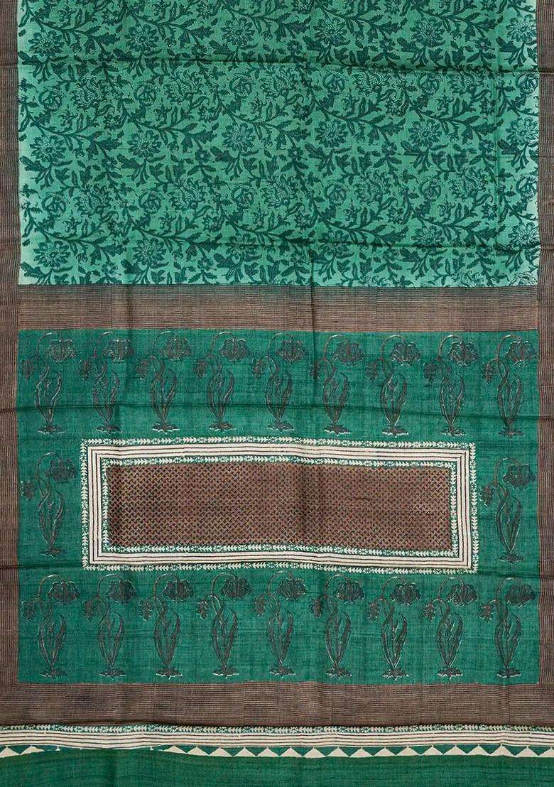 Sea Green Handloom Tussar Silk Saree With Printed Floral Motifs Sea Green For Women - Indya