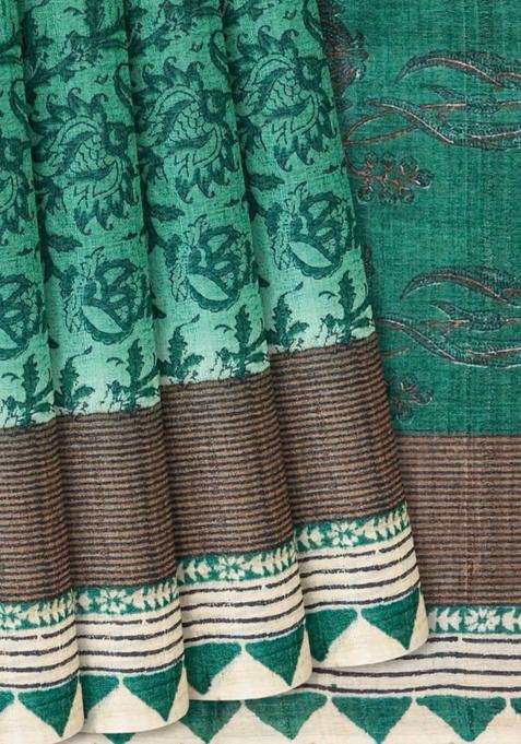 Sea Green Handloom Tussar Silk Saree With Printed Floral Motifs Sea Green For Women
