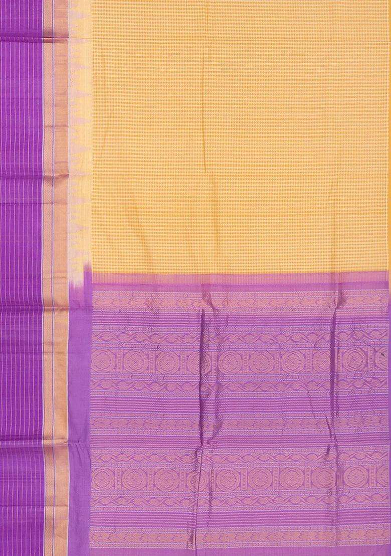 Yellow Handloom Chirala Silk Cotton Saree With Checks Yellow With Checks And Stripes Design For Women - Indya