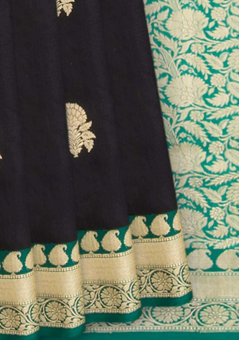 Cream Black Handwoven Benares Silk Saree Black With Buttas And Brocade Design For Women - Indya