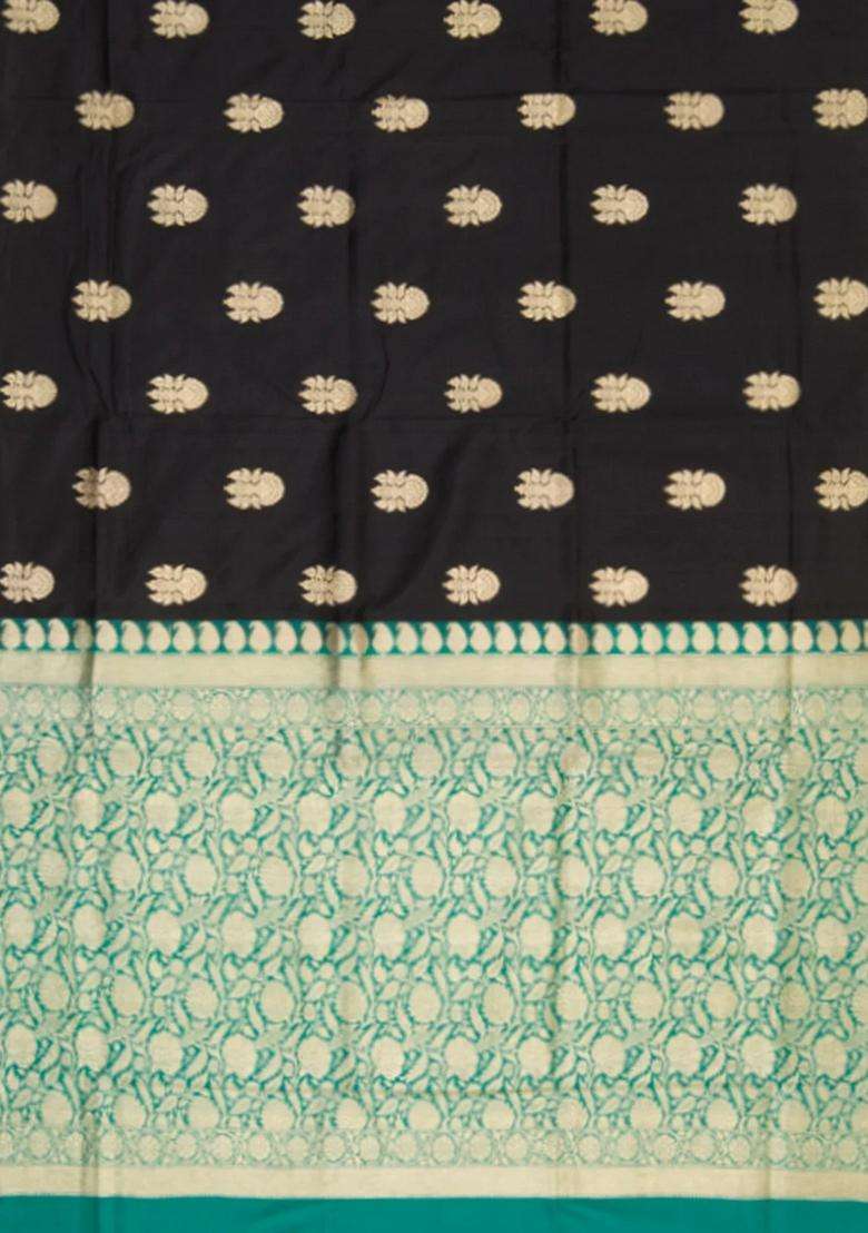 Cream Black Handwoven Benares Silk Saree Black With Buttas And Brocade Design For Women - Indya