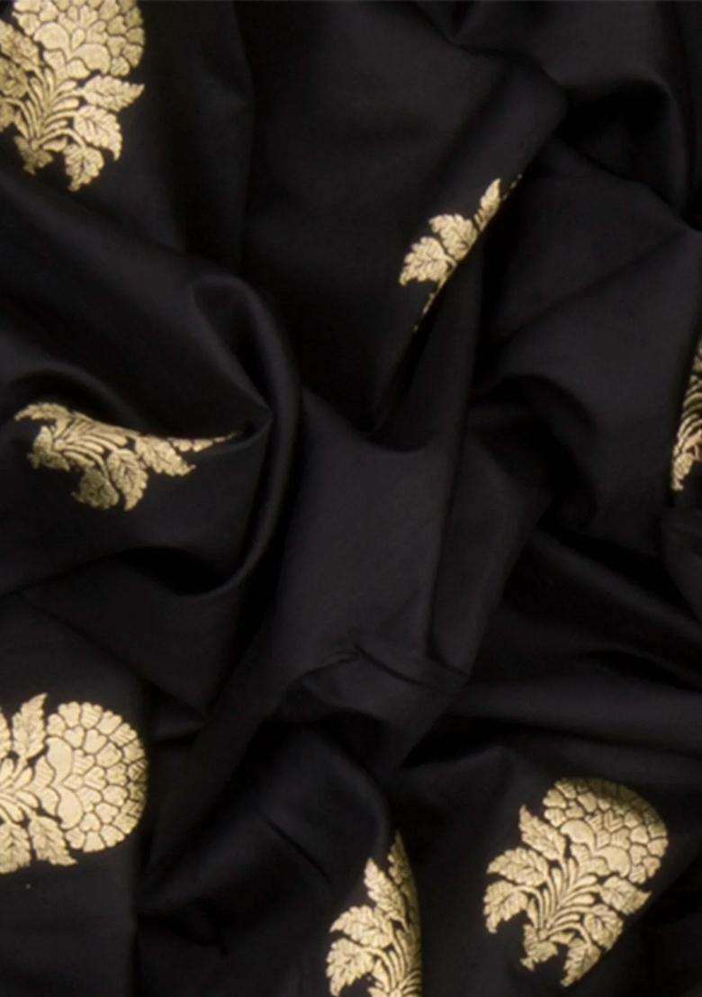 Cream Black Handwoven Benares Silk Saree Black With Buttas And Brocade Design For Women - Indya