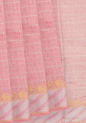 Rust Baby Pink Handwoven Benares Linen Silk Saree With Checks With Checks And Stripes Design For Women