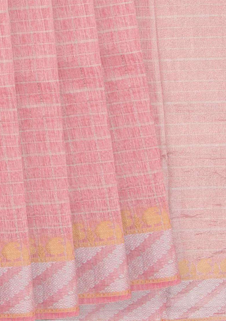 Rust Baby Pink Handwoven Benares Linen Silk Saree With Checks With Checks And Stripes Design For Women - Indya