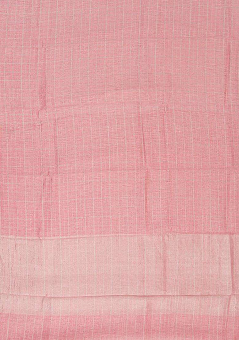 Rust Baby Pink Handwoven Benares Linen Silk Saree With Checks With Checks And Stripes Design For Women - Indya