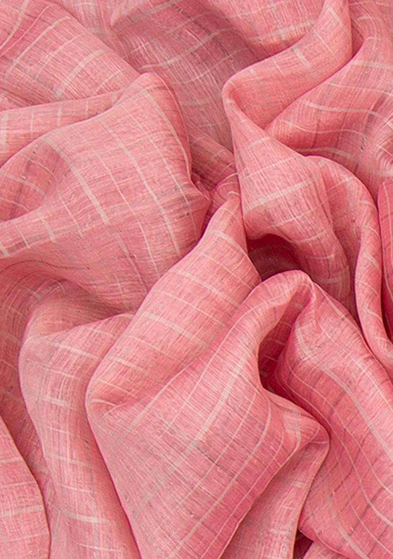 Rust Baby Pink Handwoven Benares Linen Silk Saree With Checks With Checks And Stripes Design For Women - Indya