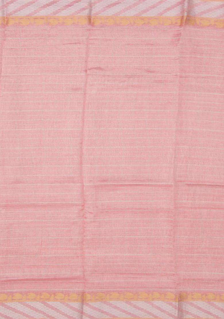 Rust Baby Pink Handwoven Benares Linen Silk Saree With Checks With Checks And Stripes Design For Women - Indya