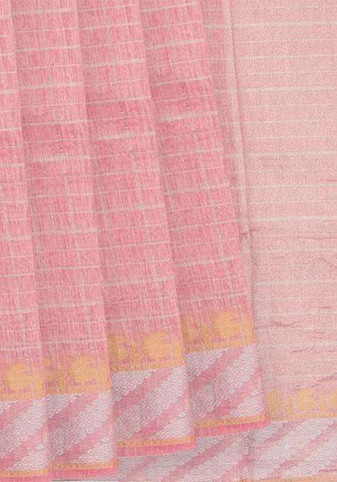 Rust Baby Pink Handwoven Benares Linen Silk Saree With Checks With Checks And Stripes Design For Women