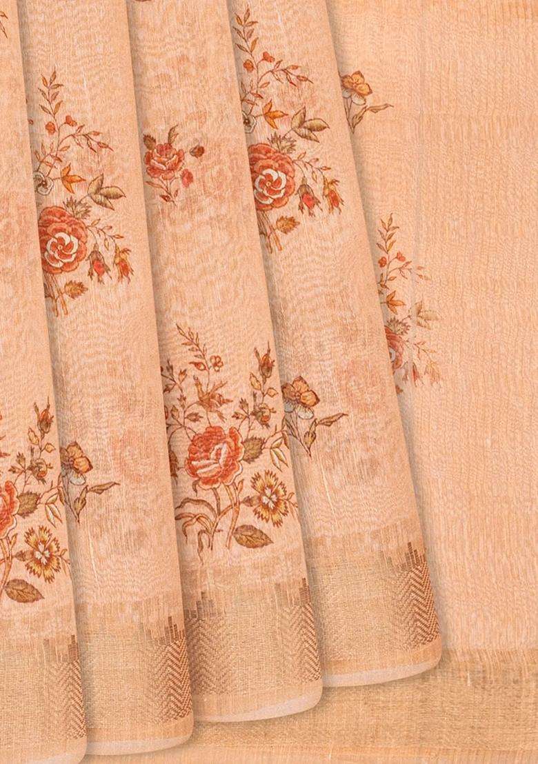 Baby Pink Handloom Printed Linen Saree With Rose Motifs Baby Pink For Women - Indya