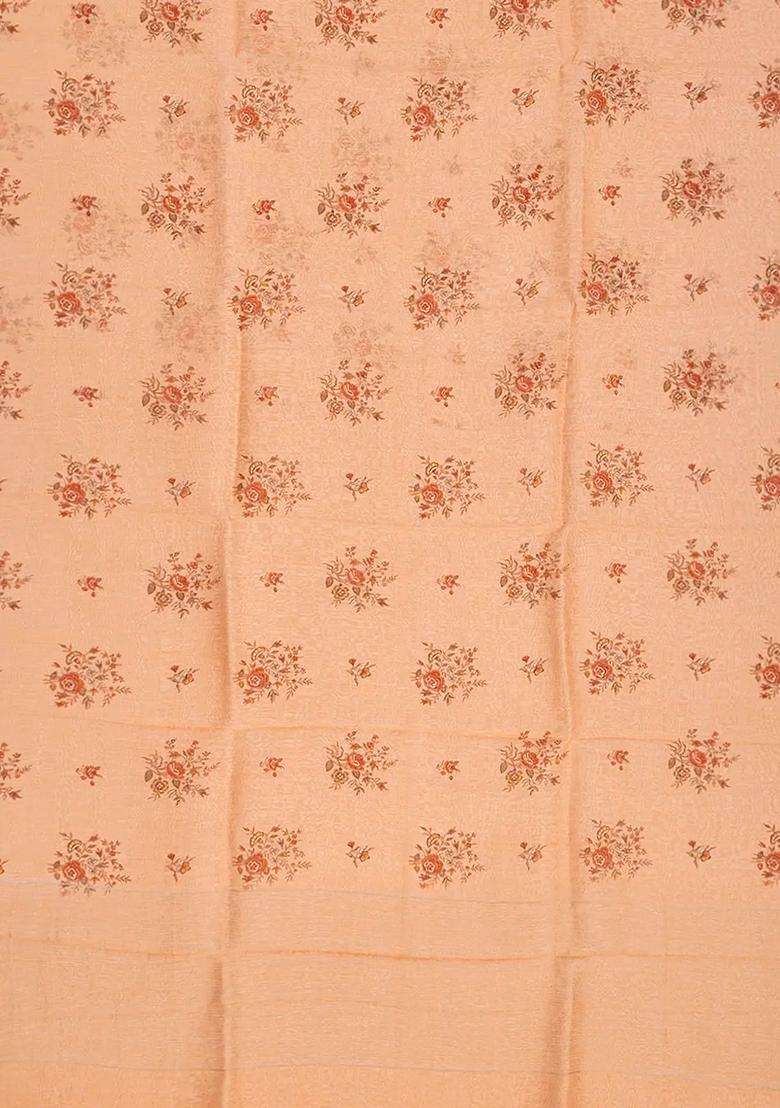 Baby Pink Handloom Printed Linen Saree With Rose Motifs Baby Pink For Women - Indya