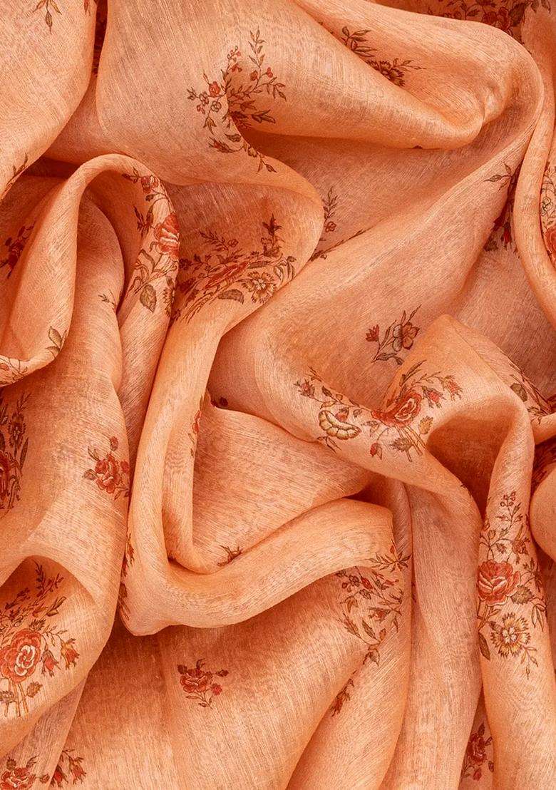 Baby Pink Handloom Printed Linen Saree With Rose Motifs Baby Pink For Women - Indya