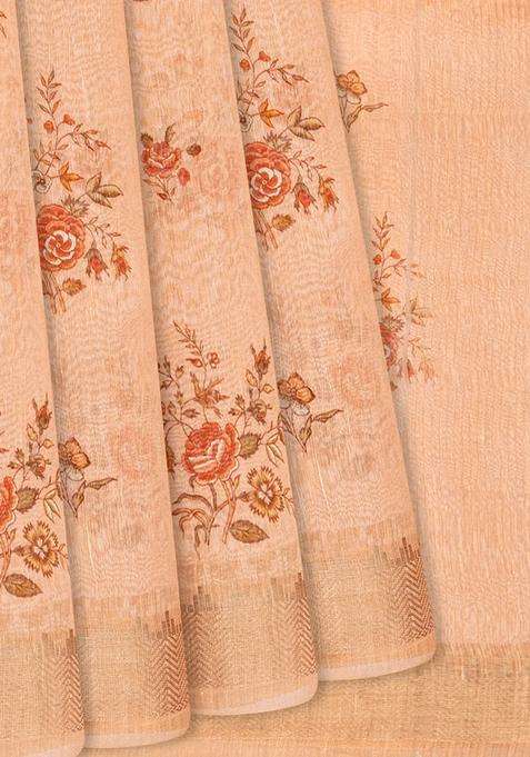Baby Pink Handloom Printed Linen Saree With Rose Motifs Baby Pink For Women