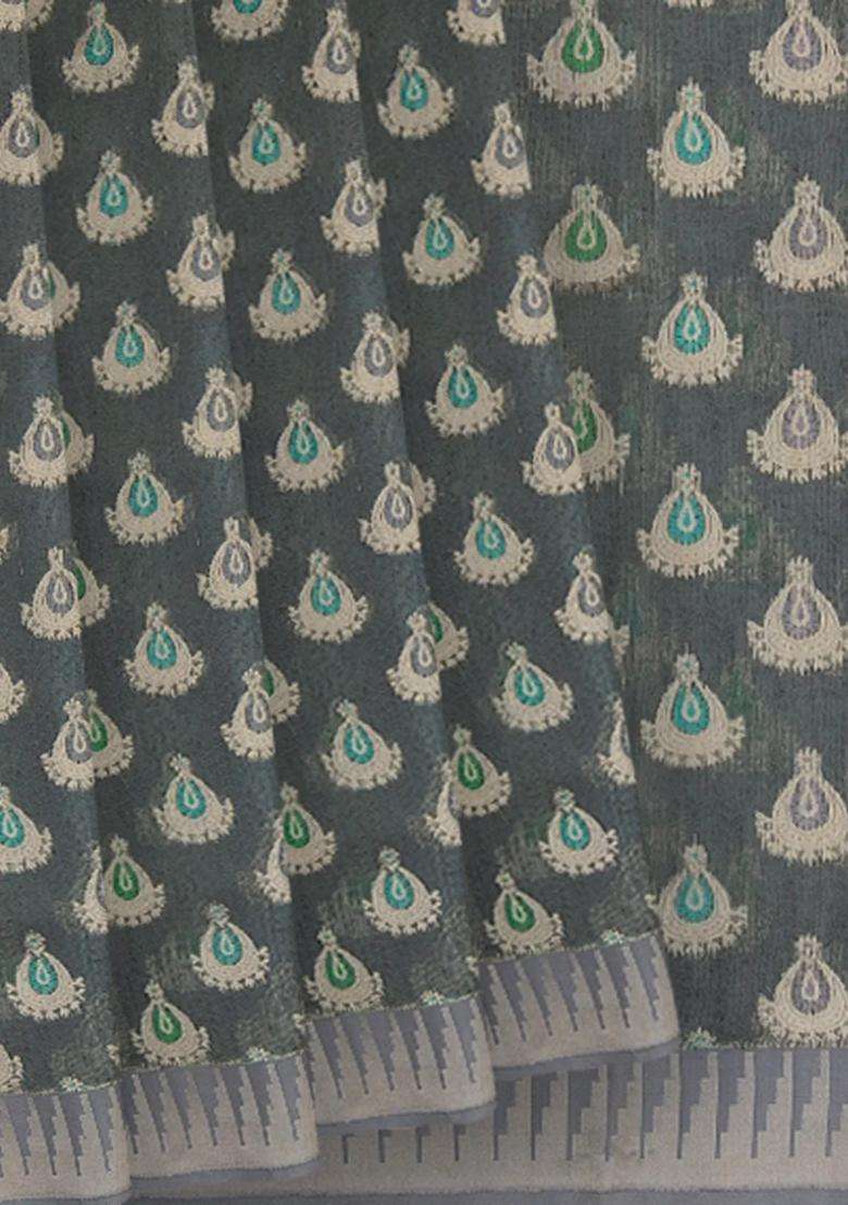 Grey Handwoven Raw Silk Saree With Jumka Motifs Grey With Traditional Woven Design For Women - Indya