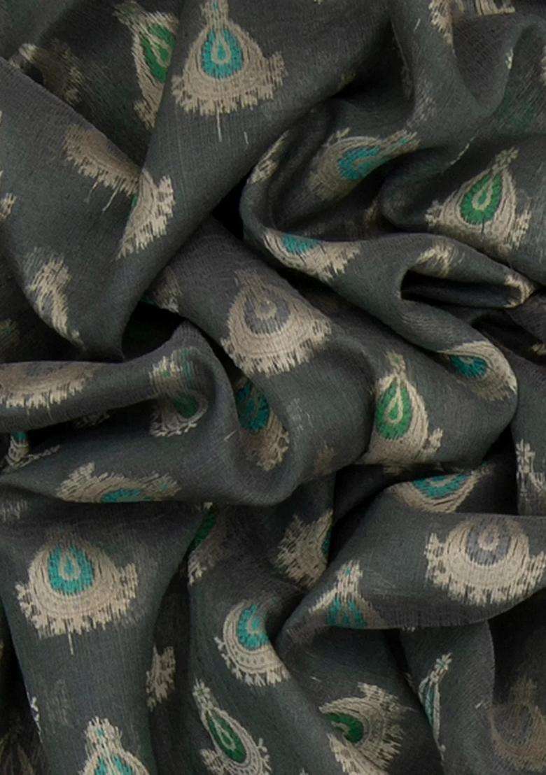 Grey Handwoven Raw Silk Saree With Jumka Motifs Grey With Traditional Woven Design For Women - Indya