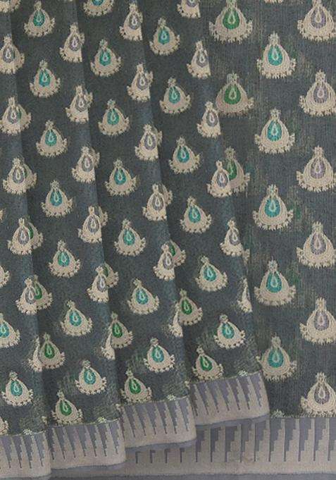 Grey Handwoven Raw Silk Saree With Jumka Motifs Grey With Traditional Woven Design For Women