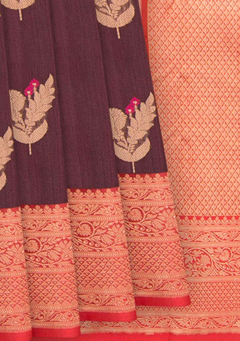 Chocolate Handwoven Banarasi Silk Saree With Buttas And Brocade Design For Women - Indya