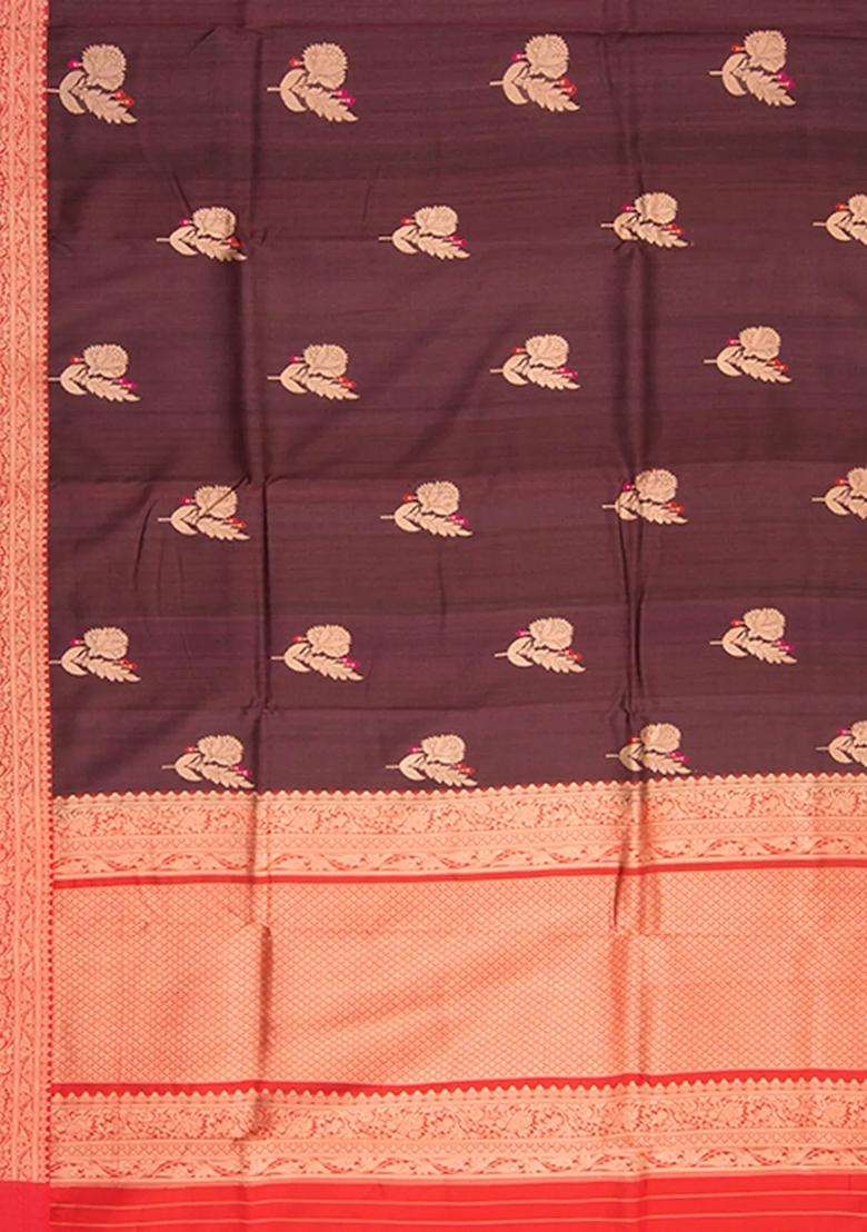 Chocolate Handwoven Banarasi Silk Saree With Buttas And Brocade Design For Women - Indya