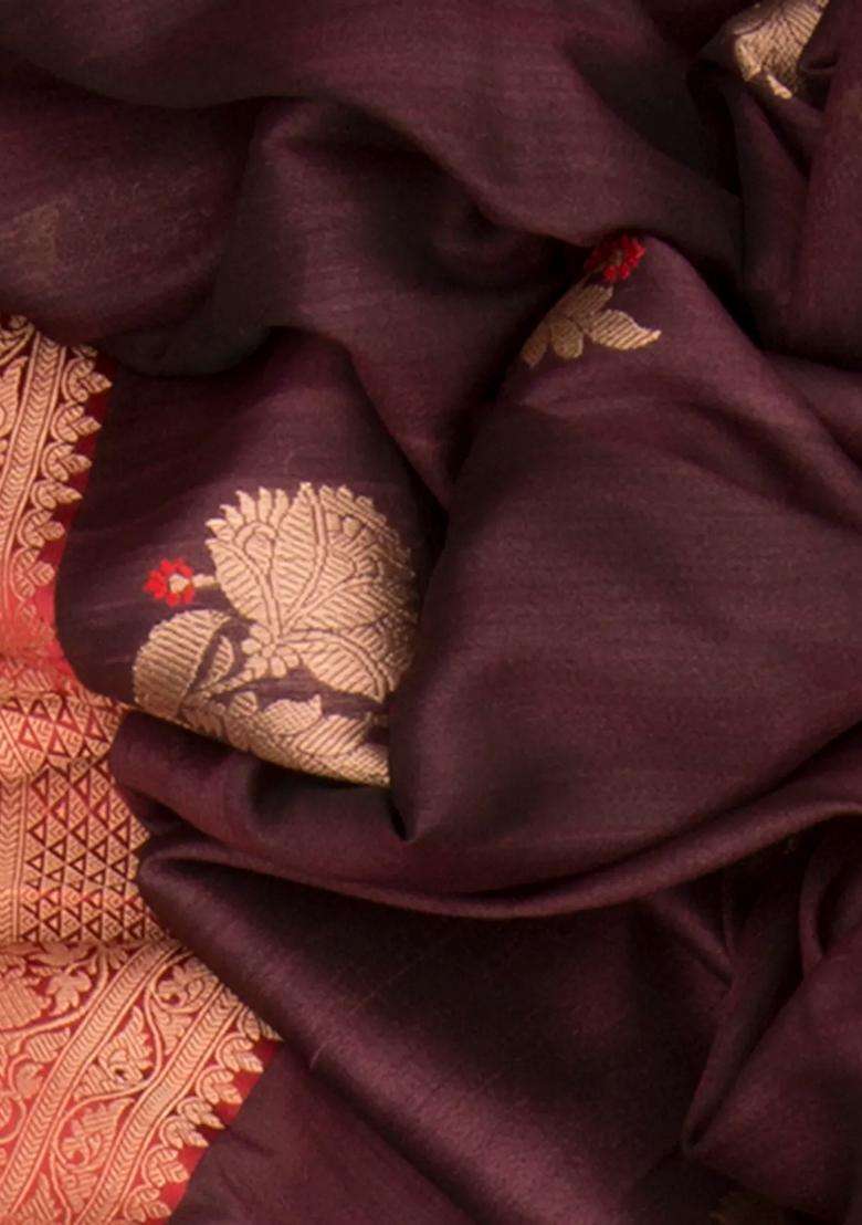 Chocolate Handwoven Banarasi Silk Saree With Buttas And Brocade Design For Women - Indya