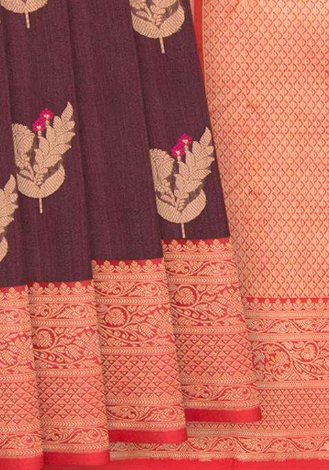 Chocolate Handwoven Banarasi Silk Saree With Buttas And Brocade Design For Women