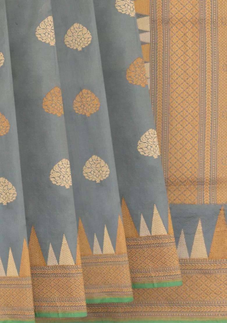 Grey Handwoven Benarasi Silk Saree With Flower Butta Diamond Motifs In Border Pallu Grey With Buttas And Brocade Design For Women - Indya