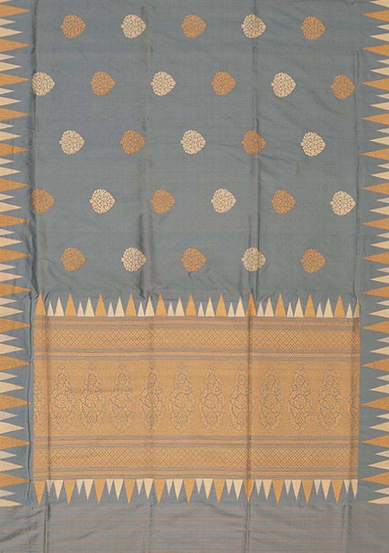 Grey Handwoven Benarasi Silk Saree With Flower Butta Diamond Motifs In Border Pallu Grey With Buttas And Brocade Design For Women - Indya