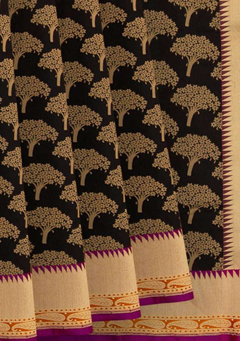 Black Handwoven Benarasi Silk Saree With Tree Motifs Paisley Motifs In Pink Border Pallu Black With Buttas And Brocade Design For Women - Indya