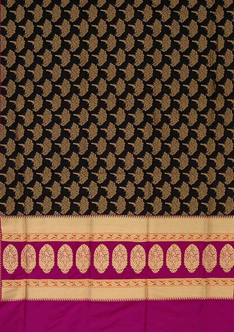 Black Handwoven Benarasi Silk Saree With Tree Motifs Paisley Motifs In Pink Border Pallu Black With Buttas And Brocade Design For Women - Indya
