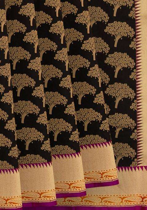 Black Handwoven Benarasi Silk Saree With Tree Motifs Paisley Motifs In Pink Border Pallu Black With Buttas And Brocade Design For Women