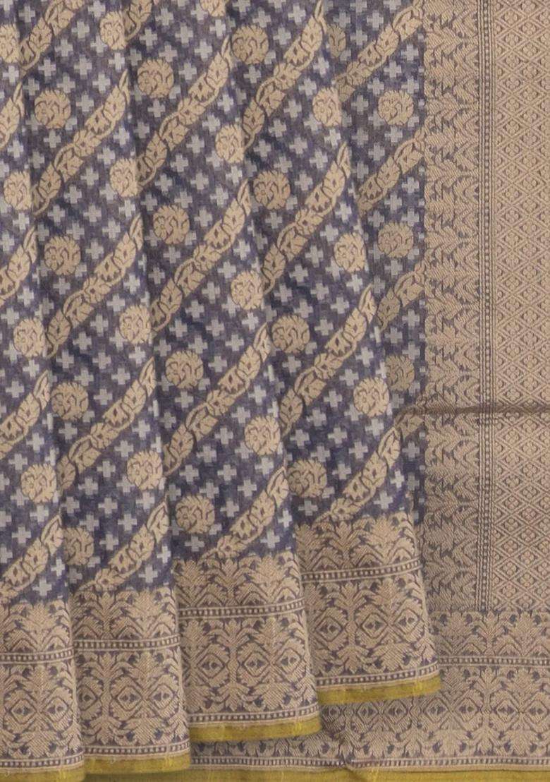 Grey Handwoven Benarasi Organza Silk Saree With Diagonal Vine Motifs Grey With Buttas And Brocade Design For Women - Indya
