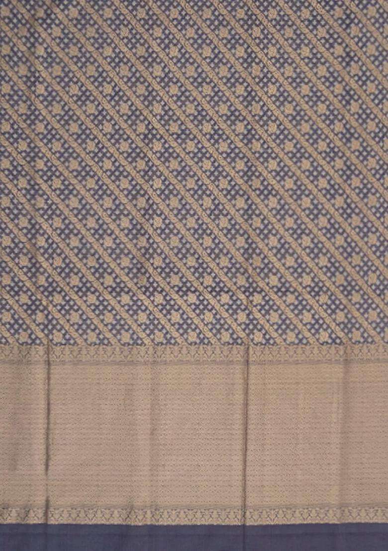 Grey Handwoven Benarasi Organza Silk Saree With Diagonal Vine Motifs Grey With Buttas And Brocade Design For Women - Indya