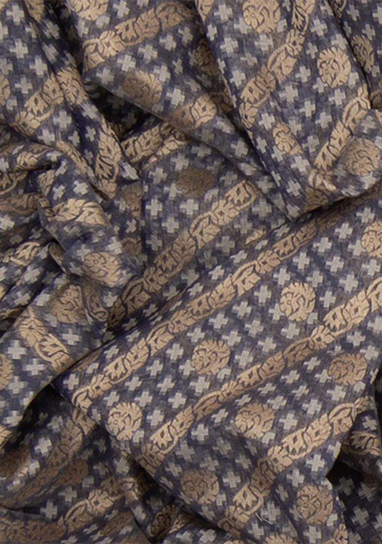 Grey Handwoven Benarasi Organza Silk Saree With Diagonal Vine Motifs Grey With Buttas And Brocade Design For Women - Indya