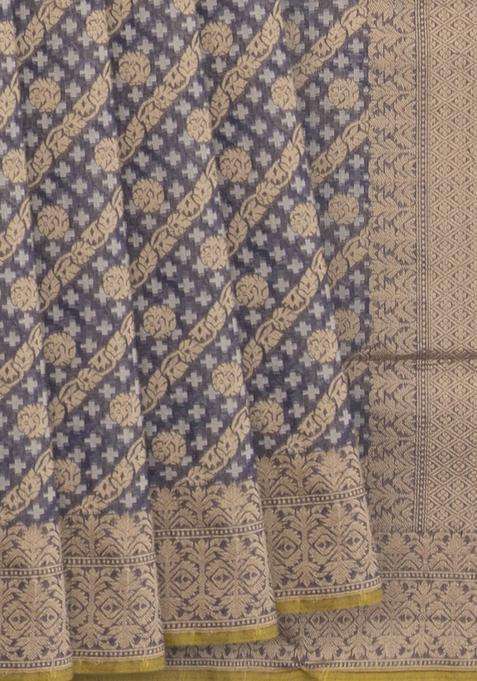 Grey Handwoven Benarasi Organza Silk Saree With Diagonal Vine Motifs Grey With Buttas And Brocade Design For Women