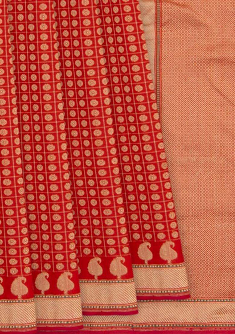 Red Handwoven Benarasi Jamdhani Pure Silk Saree With Chakaram Motifs In Checks With Mango Motifs In Pallu Red With Checks And Stripes Design For Women - Indya