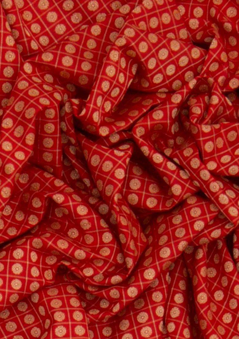 Red Handwoven Benarasi Jamdhani Pure Silk Saree With Chakaram Motifs In Checks With Mango Motifs In Pallu Red With Checks And Stripes Design For Women - Indya