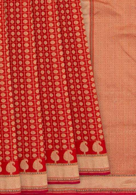 Red Handwoven Benarasi Jamdhani Pure Silk Saree With Chakaram Motifs In Checks With Mango Motifs In Pallu Red With Checks And Stripes Design For Women