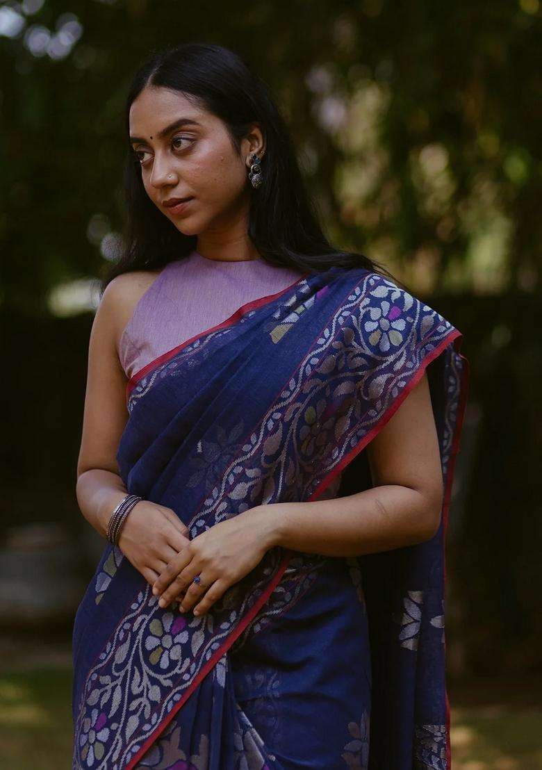 Blue Handwoven Benarasi Neelambari Jamdhani Pure Silk Saree With Floral Vine Motifs Corner Pailsey Butta Blue With Buttas And Brocade Design For Women - Indya