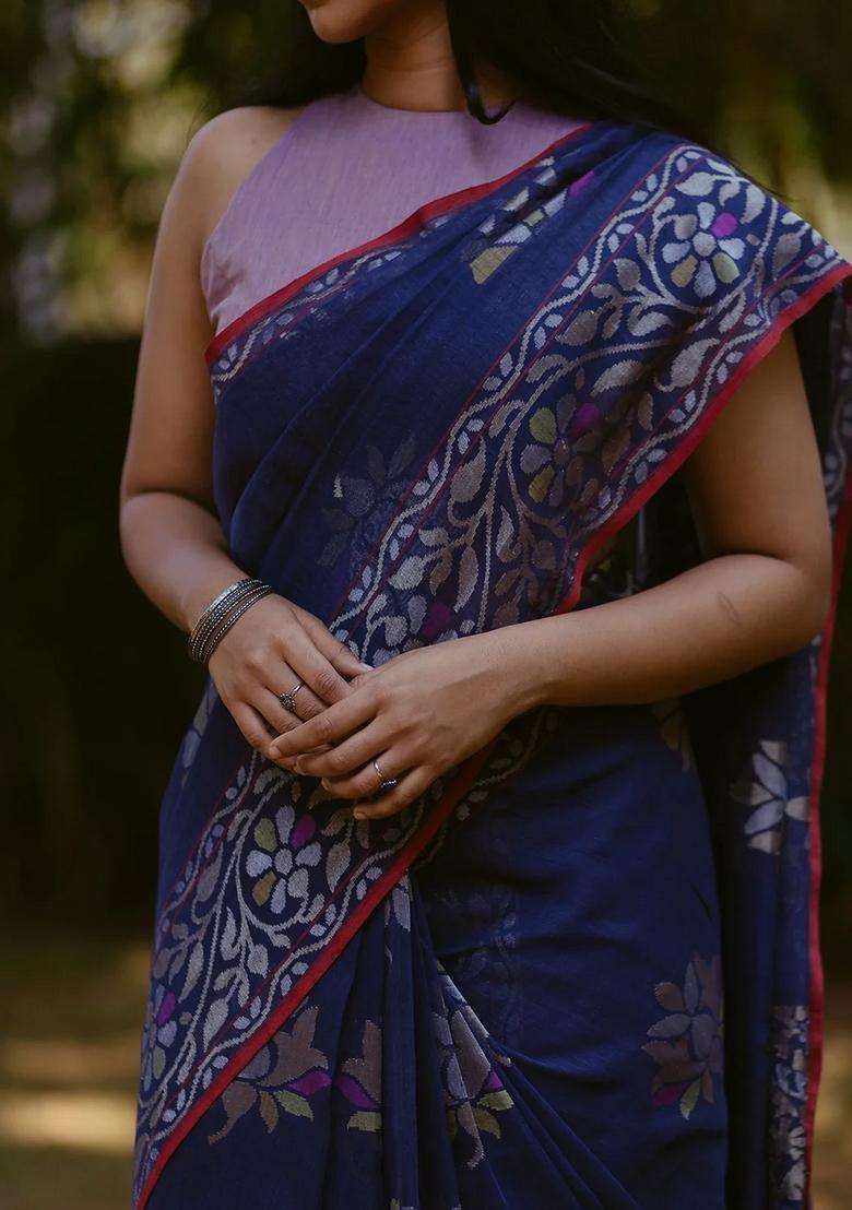 Blue Handwoven Benarasi Neelambari Jamdhani Pure Silk Saree With Floral Vine Motifs Corner Pailsey Butta Blue With Buttas And Brocade Design For Women - Indya