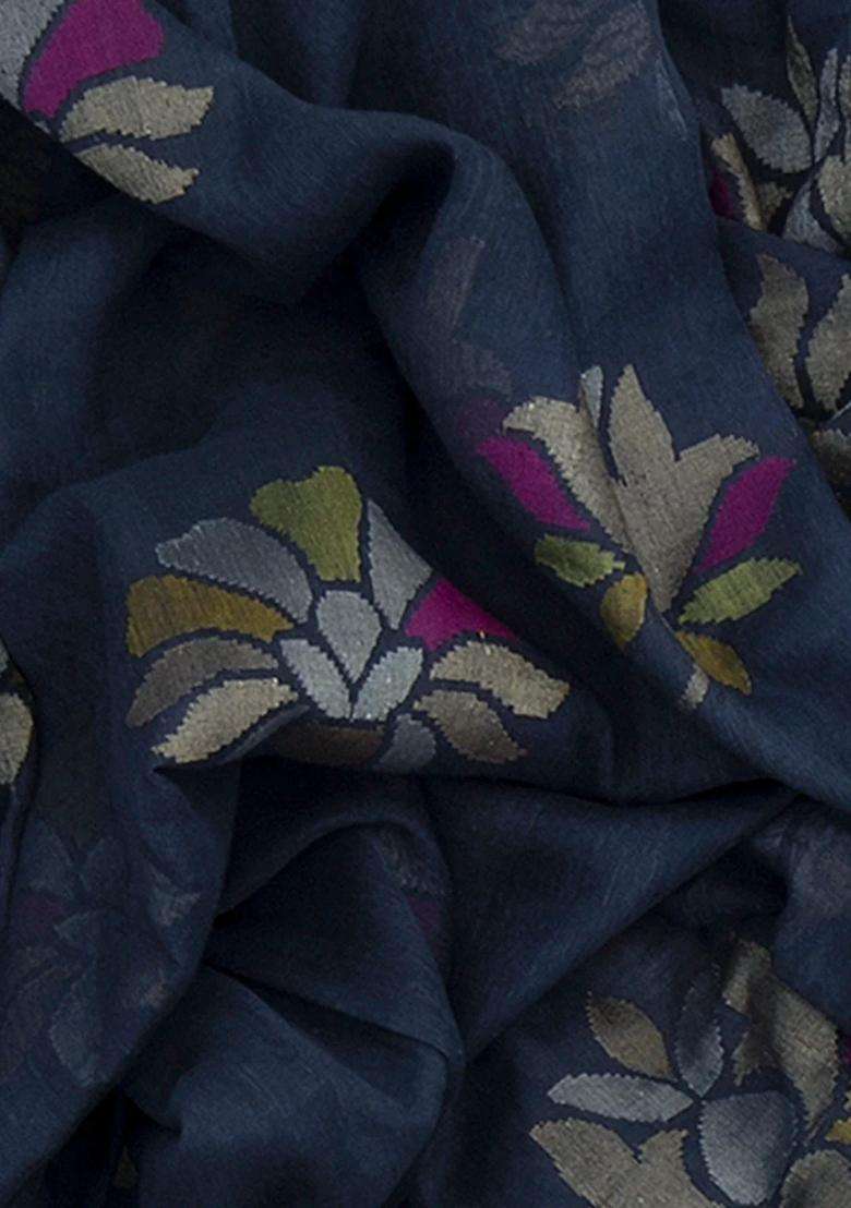 Blue Handwoven Benarasi Neelambari Jamdhani Pure Silk Saree With Floral Vine Motifs Corner Pailsey Butta Blue With Buttas And Brocade Design For Women - Indya