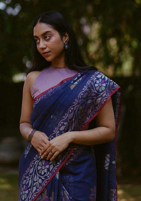 Blue Handwoven Benarasi Neelambari Jamdhani Pure Silk Saree With Floral Vine Motifs Corner Pailsey Butta Blue With Buttas And Brocade Design For Women
