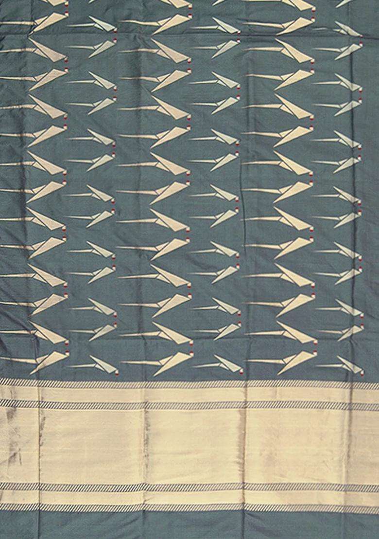 Grey Handwoven Benarasi Silk Saree With Bird Motifs Diagonal Stripes In Zari Border Grey With Buttas And Brocade Design For Women - Indya
