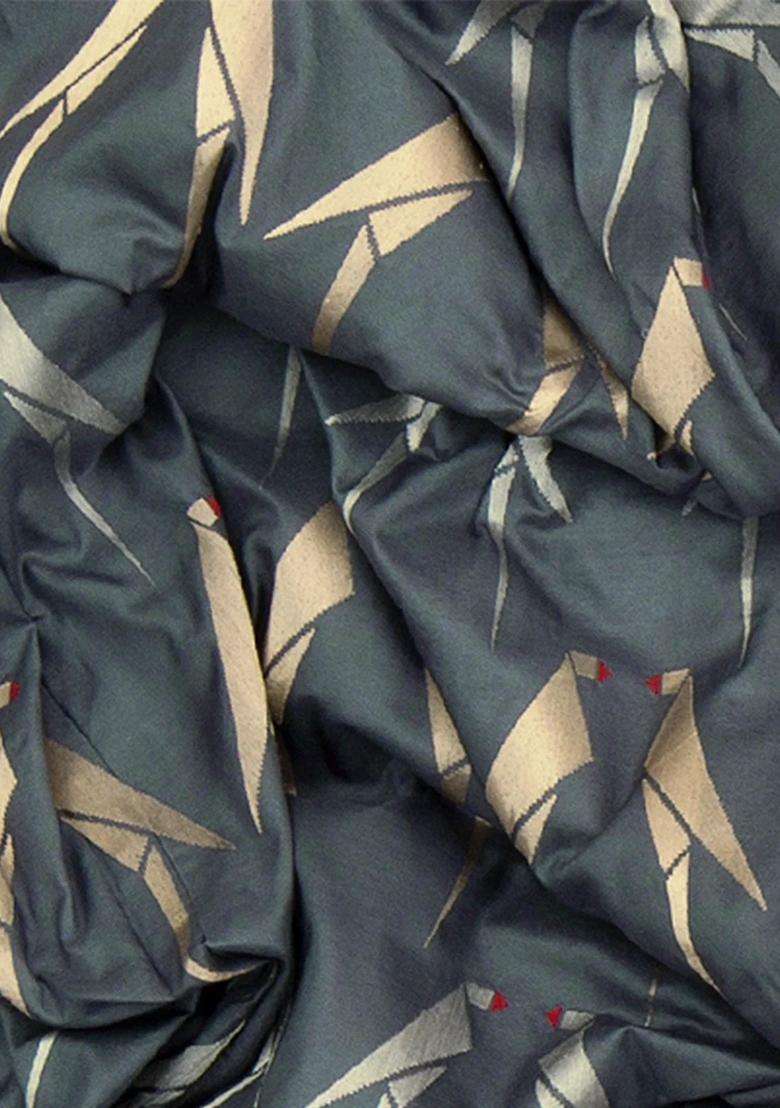 Grey Handwoven Benarasi Silk Saree With Bird Motifs Diagonal Stripes In Zari Border Grey With Buttas And Brocade Design For Women - Indya