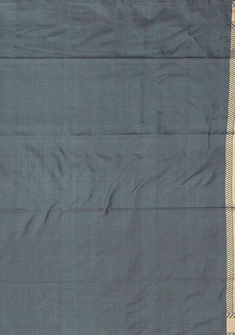 Grey Handwoven Benarasi Silk Saree With Bird Motifs Diagonal Stripes In Zari Border Grey With Buttas And Brocade Design For Women - Indya